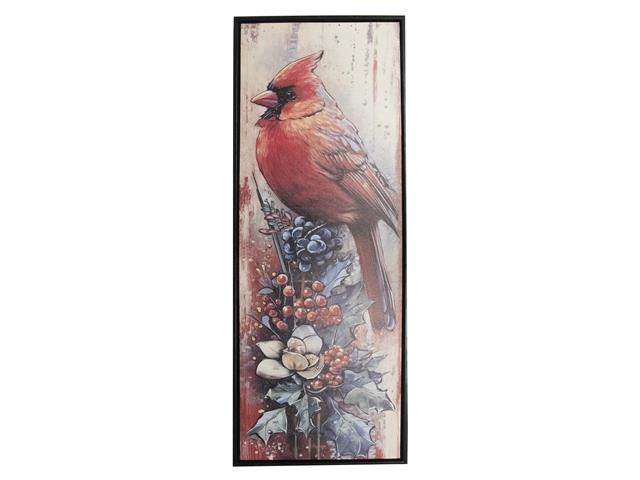 12" X 32" FRAMED CANVAS WALL ART (CARDINAL ON HOLLY BERRIES)
